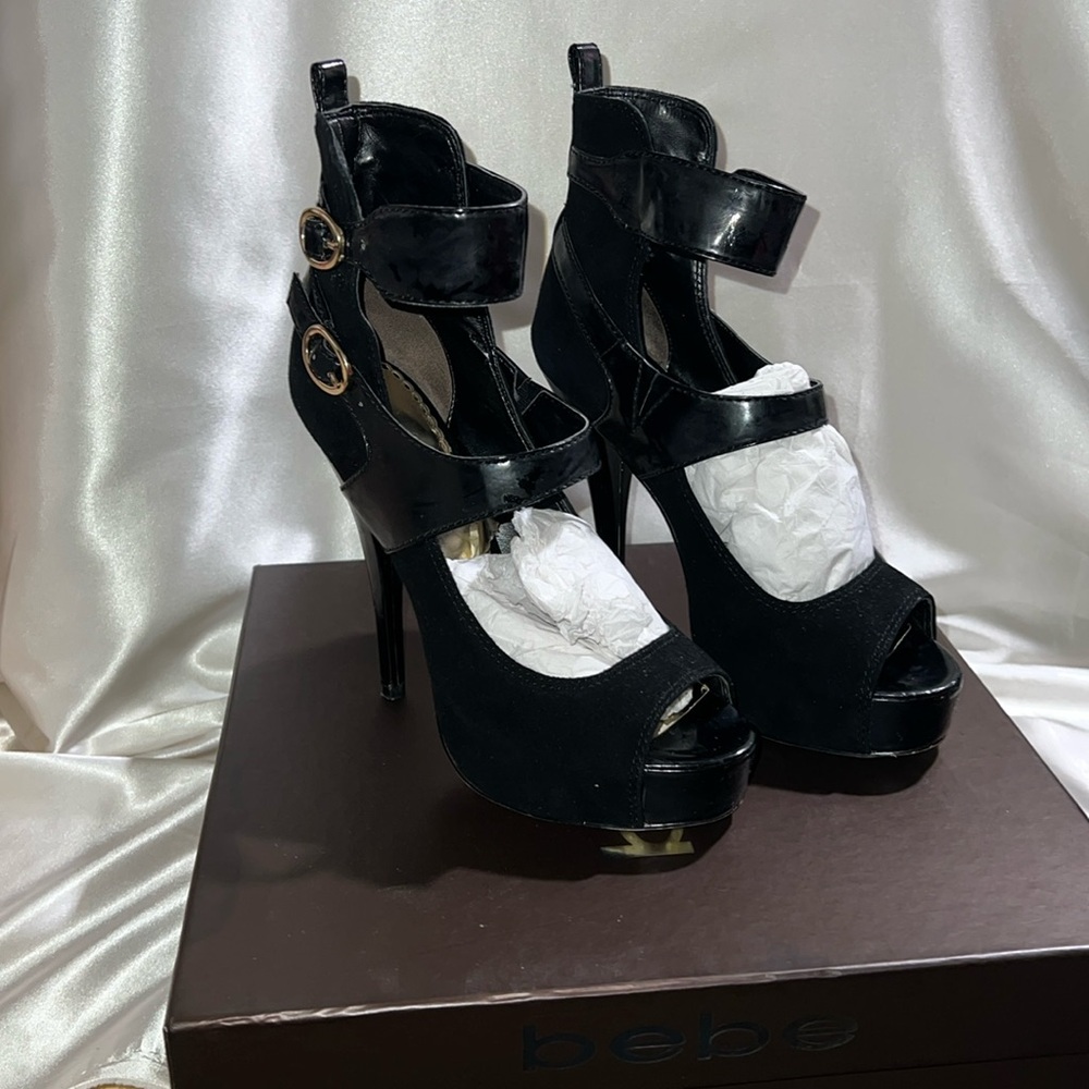 BEBE Suede Open Toe Booties in Black Size 6